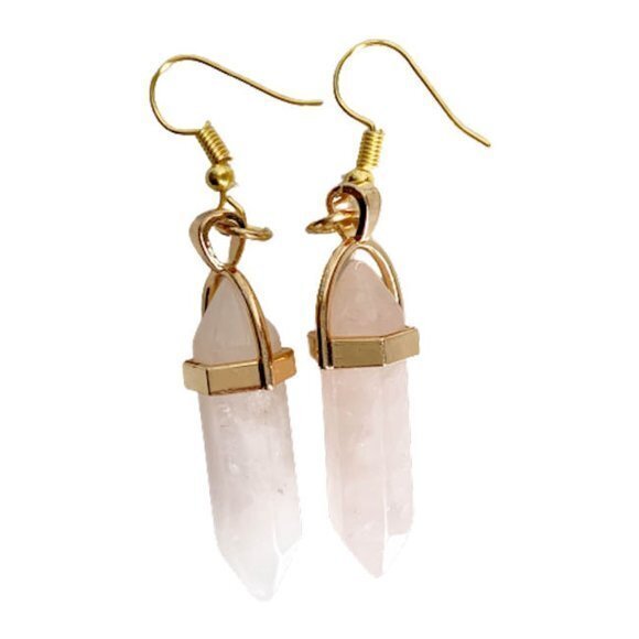 NEW Natural Pink Rose Quartz Healing Dangle Earrings Gold - Picture 1 of 7